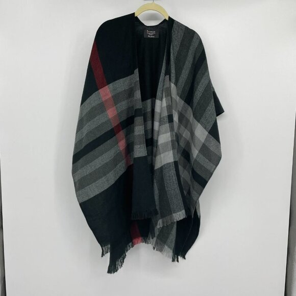 V Fraas black white red plaid  shawl overlay - Picture 6 of 10